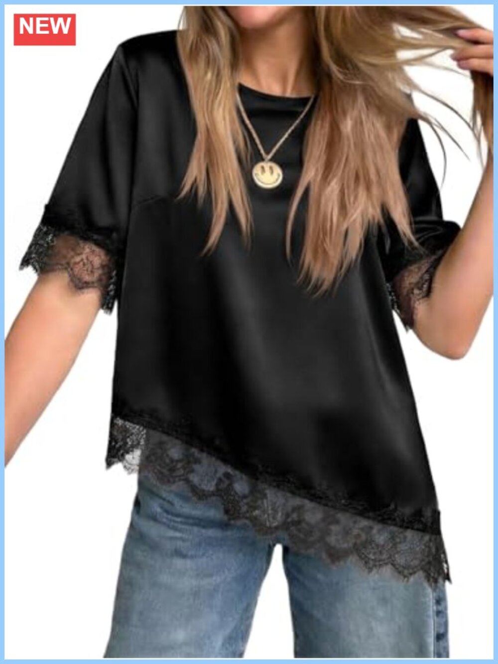 Women's Satin Silk Short Sleeve Blouse with Lace Trim